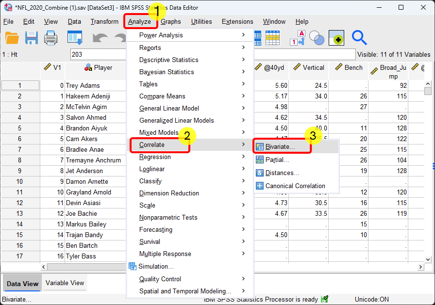 SPSS - correlation analysis - steps 1, 2, and 3