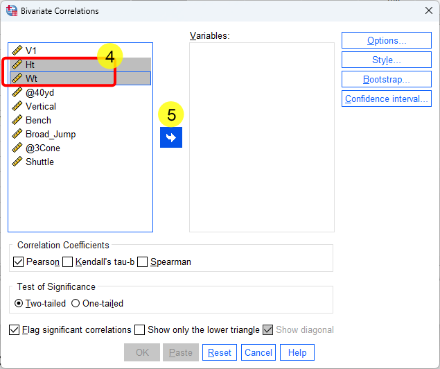 SPSS - correlation analysis - steps 4 and 5