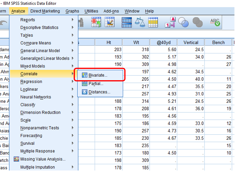 Correlation analysis in SPSS: Bivariate Menu