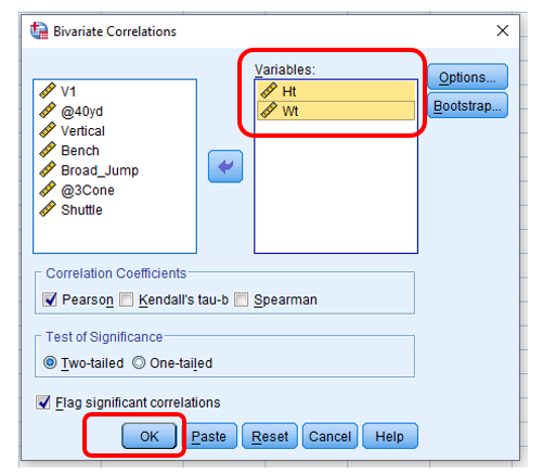 Correlation analysis in SPSS: Add X and Y into column of "Variables"