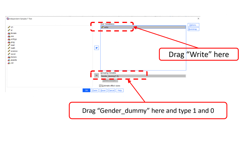 Drag variables for Independent t-test in SPSS