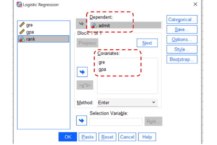 Logistic Regression in SPSS: Define variables