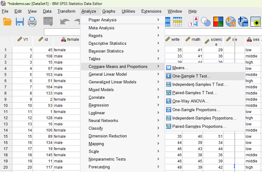 SPSS – screenshot - One Sample t-test – Step 1