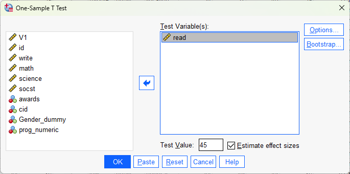 SPSS – screenshot - One Sample t-test – Step 3