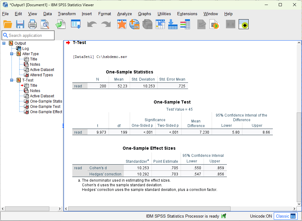 SPSS – screenshot - One Sample t-test – results