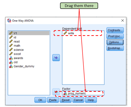 Drag variables for One-Way ANOVA in SPSS