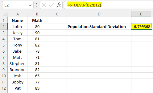 Calculating population standard deviation using STDEV.P() in Excel