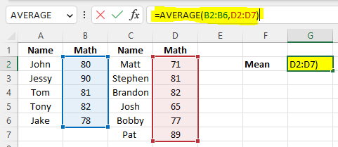 Calculate mean for two different columns in Excel