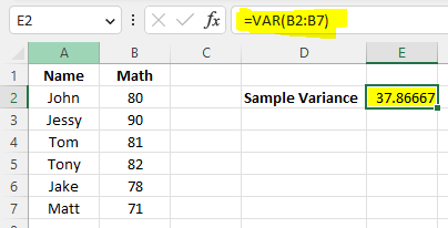 Example of using var() to calcualte sample variance in Excel