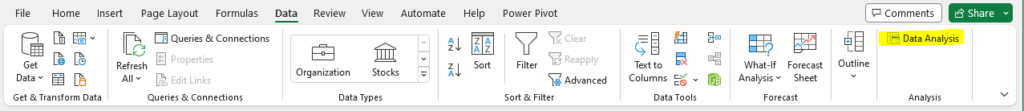 "Data Analysis" appears under the menu of "Data" in Excel