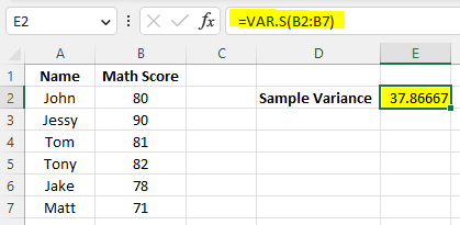 Example of using var.s() to calcualte sample variance in Excel