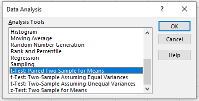Menu Option for Paired Samples t-test in Excel