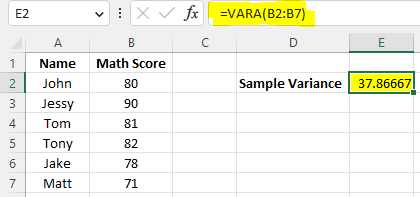 Example of using vara() to calcualte sample variance in Excel