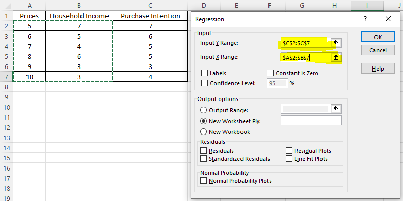 Define input ranges in Excel for linear regression
