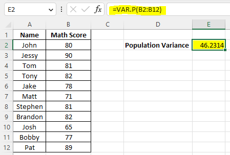 Example of using var.p() to calculate population variance in Excel