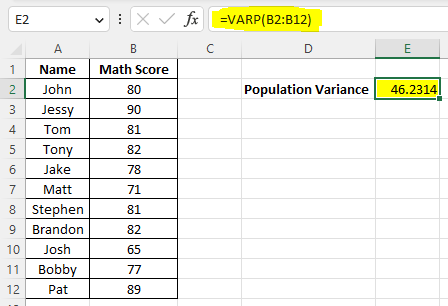 Example of using varp() to calculate population variance in Excel