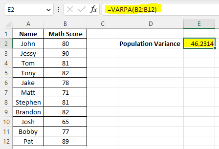 Example of using varpa() to calculate population variance in Excel