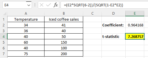 Calculate t-statistic for correlation coefficient in Excel