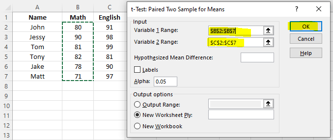 Input Range for Paired Samples t-test in Excel