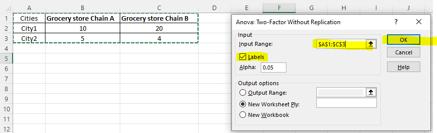 Input Range and Lbales options for ANOVA: Two-Factor without Replication