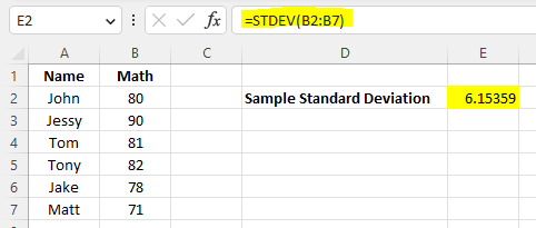 Calculating sample standard deviation using STDEV() in Excel