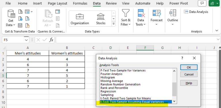 p value t test excel