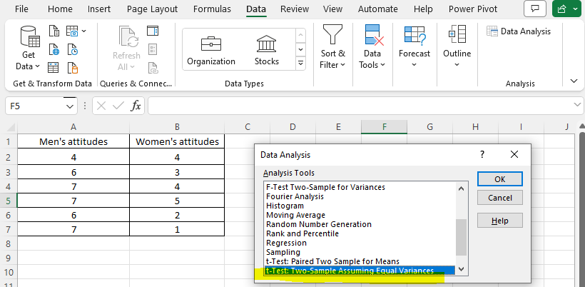 t-Test: Two-sample assuming equal variances in Excel