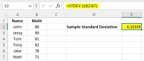 Calculating sample standard deviation using STDEV.S() in Excel 