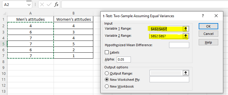 Select data as variable 1 and variable 2 for two-sample t-test in Excel