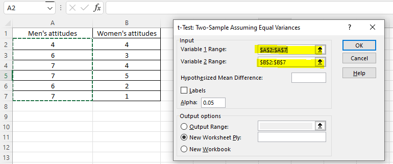 Calculate two-sample t-test and its P-value in Excel