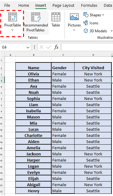 Step 1: Select the "PivotTable"