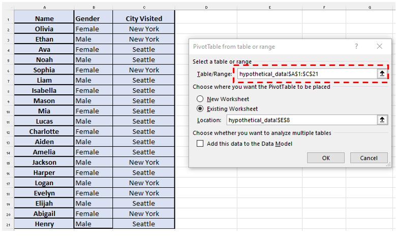 Step 2: Select all cells in "Table/Range"