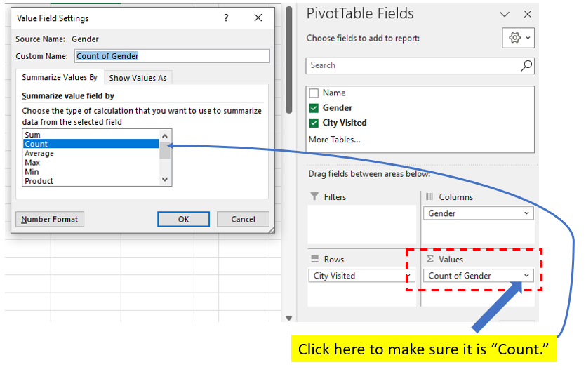 Step 4: Drag a variable to "Values" and set it as count