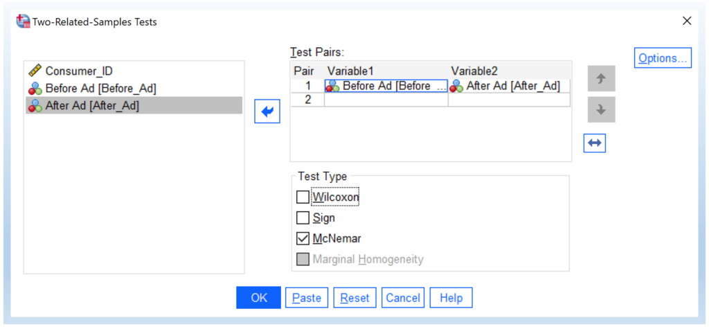 Step 2 of McNemar's Test in SPSS - Transter variables into the Test Pairs box