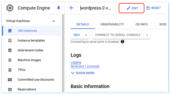 phpMyAdmin for WordPress on Google Cloud - Step of edit SSH key on Google Cloud