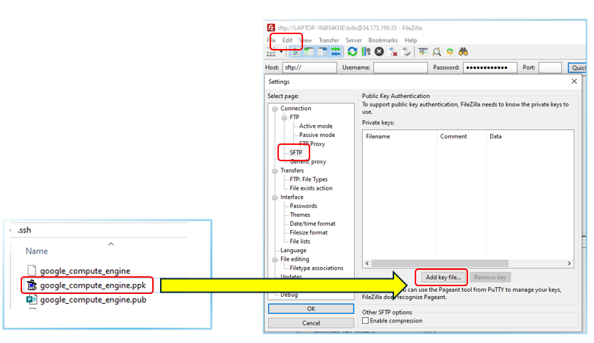 Access WordPress files on Google Cloud - Add Google_compute_engine.ppk into FileZilla