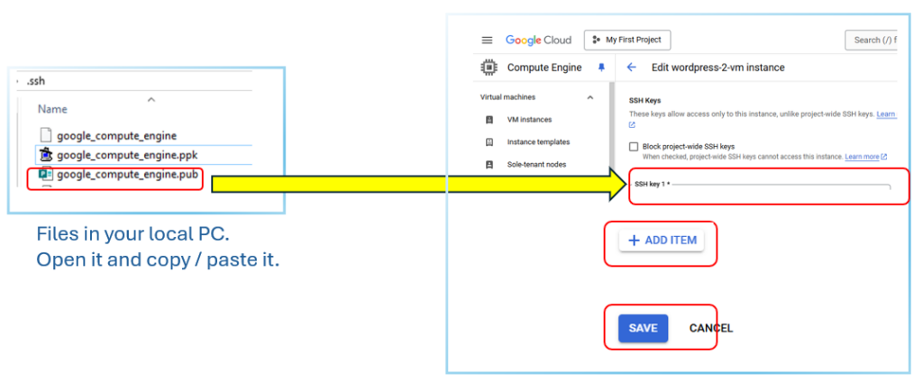 Access WordPress files on Google Cloud - Add Google_compute_engine.pub into Google Cloud SSH