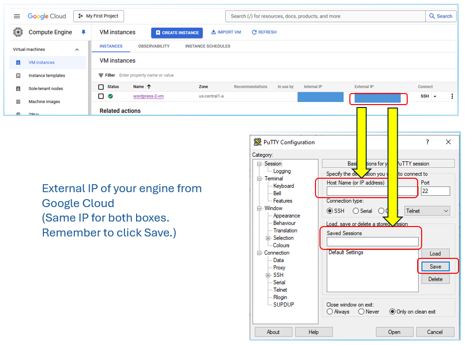 phpMyAdmin for WordPress on Google Cloud - Add External IP info into PuTTY Session