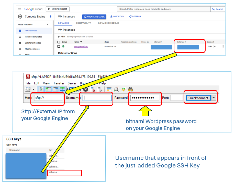 Access WordPress files on Google Cloud - Add host IP, User name, and Password into FileZilla