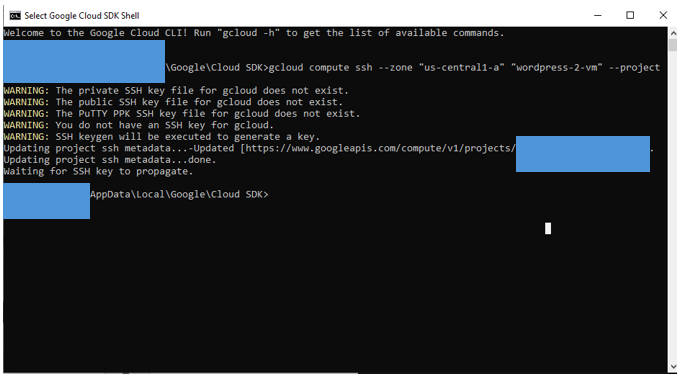 Access WordPress files on Google Cloud - Apply gcloud command line on Google Cloud SDK Shell 