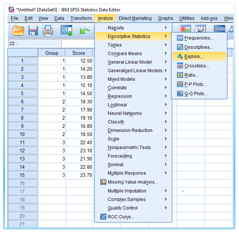 Step 1 of Levene’s Test in SPSS: Analyze -> Descriptive Statistics -> Explore