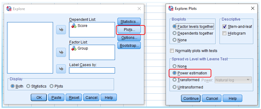 Step 3 of Levene’s Test in SPSS: Click Plots and Check Power estimation