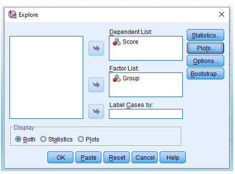 Step 2 of Levene’s Test in SPSS: Drag IV and DV into the boxes in the pop-up window