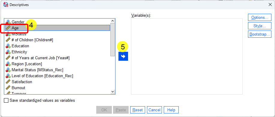 SPSS Descriptive Statistics example - steps of doing mean analysis for age- Steps 4 and 5