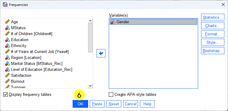 SPSS Descriptive Statistics example - steps of doing frequency analysis - Step 6