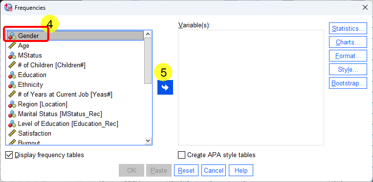 SPSS Descriptive Statistics example - steps of doing frequency analysis - Steps 4 and 5