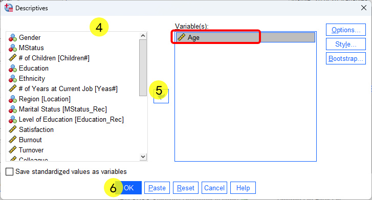 SPSS selected cases - mean - steps 4, 5, and 6