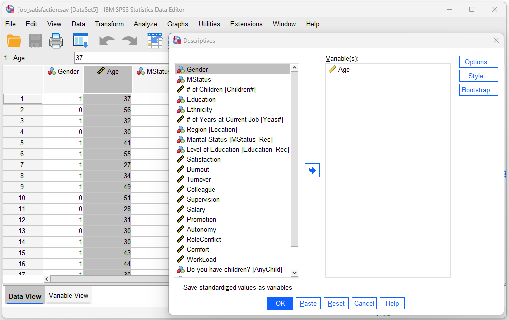SPSS: Example of descriptive statistics - mean - steps on SPSS