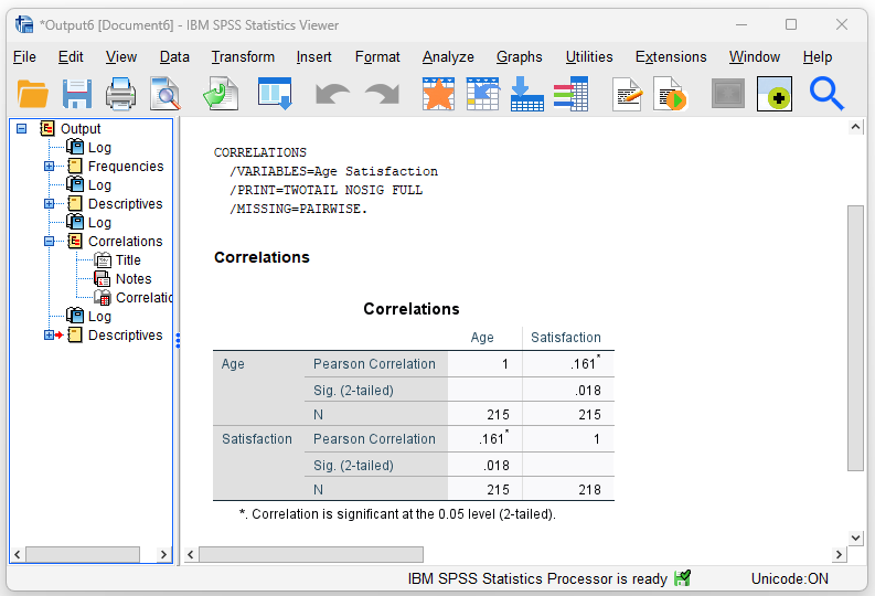 SPSS: Example of inferential statistics - Correlation - SPSS output